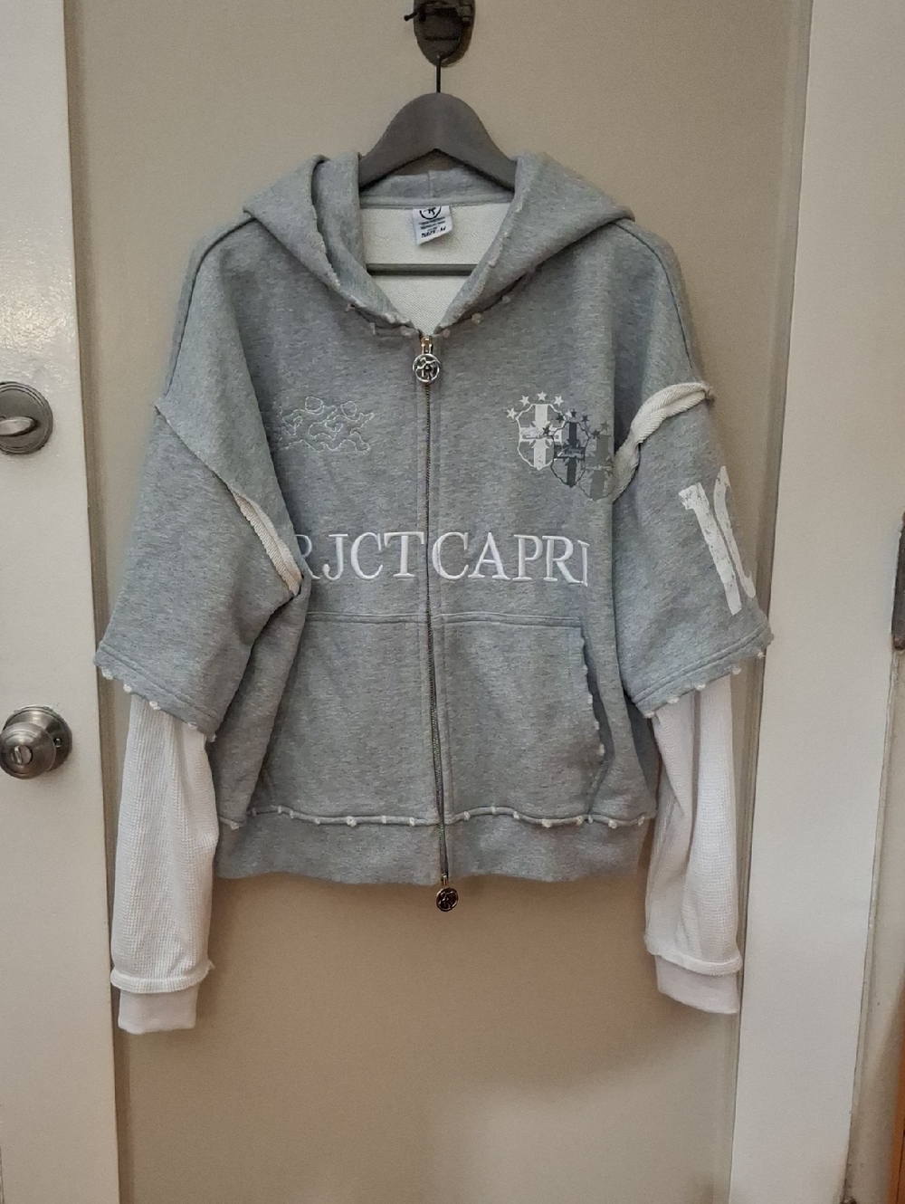 Project Capri Light Gray Zip Hoodie with White Sleeve Layering_1